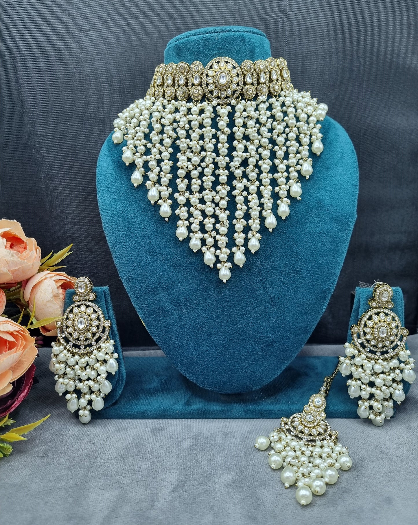 Elegant Pearl Jhallar Choker Necklace Set with Earrings & Maangtikka