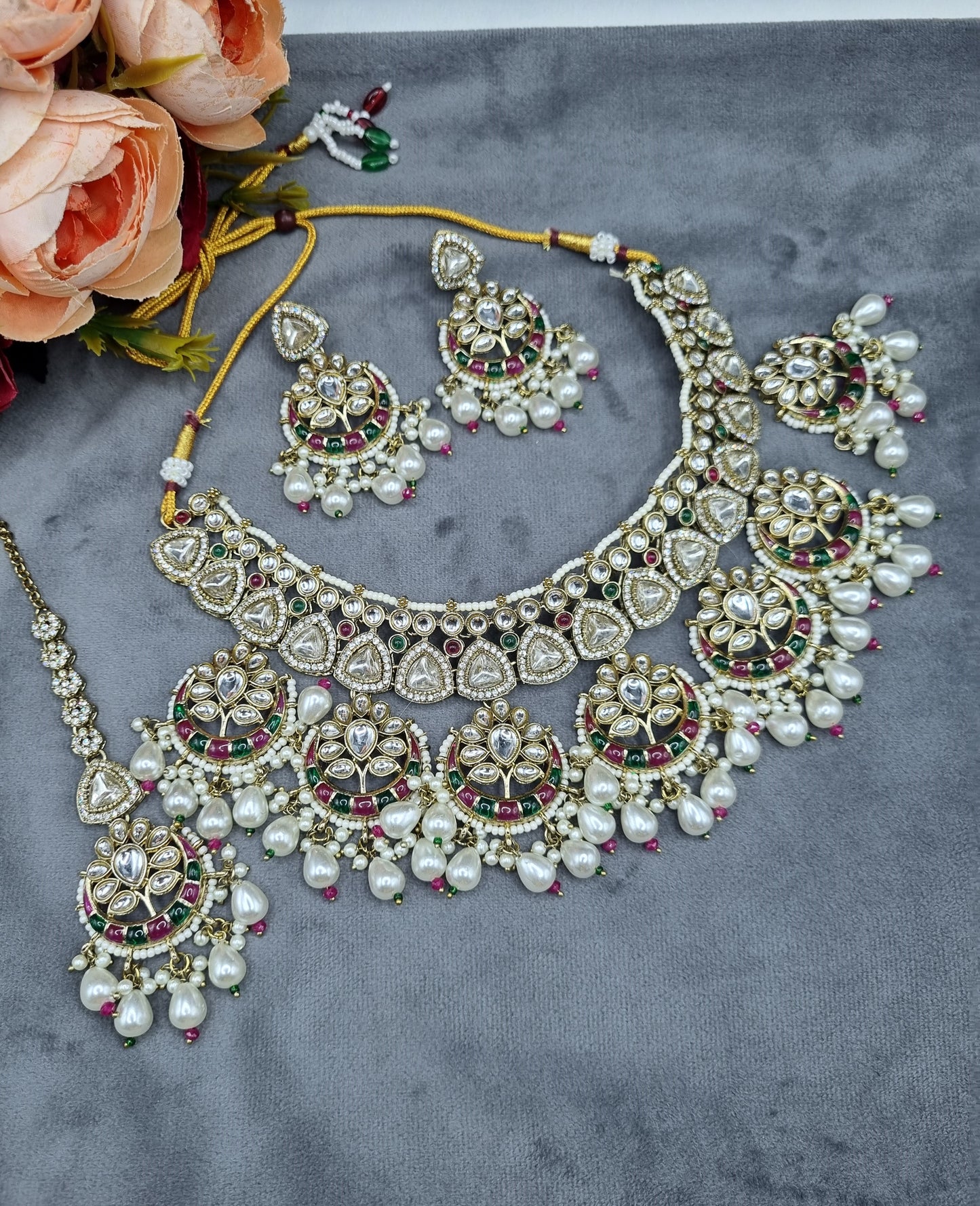 Royal Chandbali & Pearl Bridal Jewelry Set with Earrings & Maang Tikka