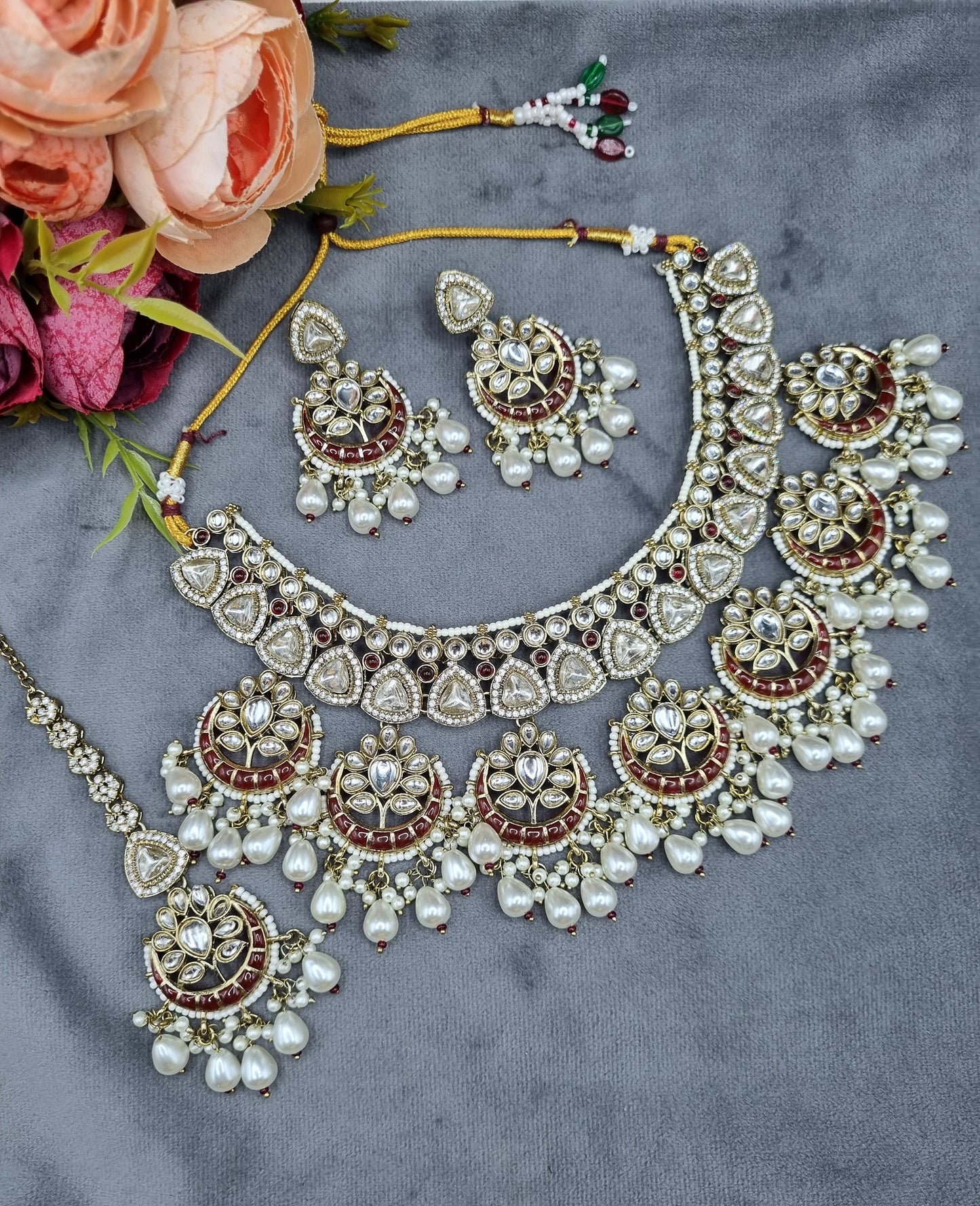 Royal Chandbali & Pearl Bridal Jewelry Set with Earrings & Maang Tikka