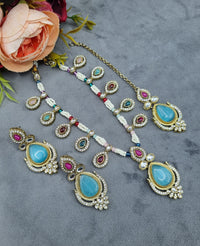 Antique Gold Teardrop Pendant Necklace Set with Earrings & Maangtikka