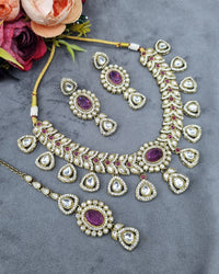 Antique Gold & Oval Accent Choker Necklace Set with Earrings & Maangtikka