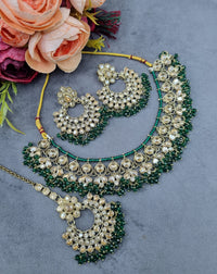 Antique Gold Finish Crystal Necklace Set with Earrings & Maang Tikka