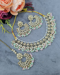Antique Gold Finish Crystal Necklace Set with Earrings & Maang Tikka