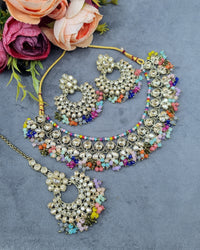 Antique Gold Finish Crystal Necklace Set with Earrings & Maang Tikka