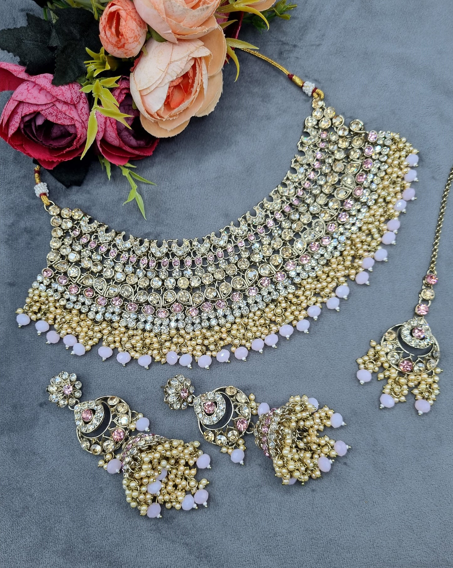 Bridal Rhinestone & Pearl Choker Necklace Set with Earrings & Maang Tikka