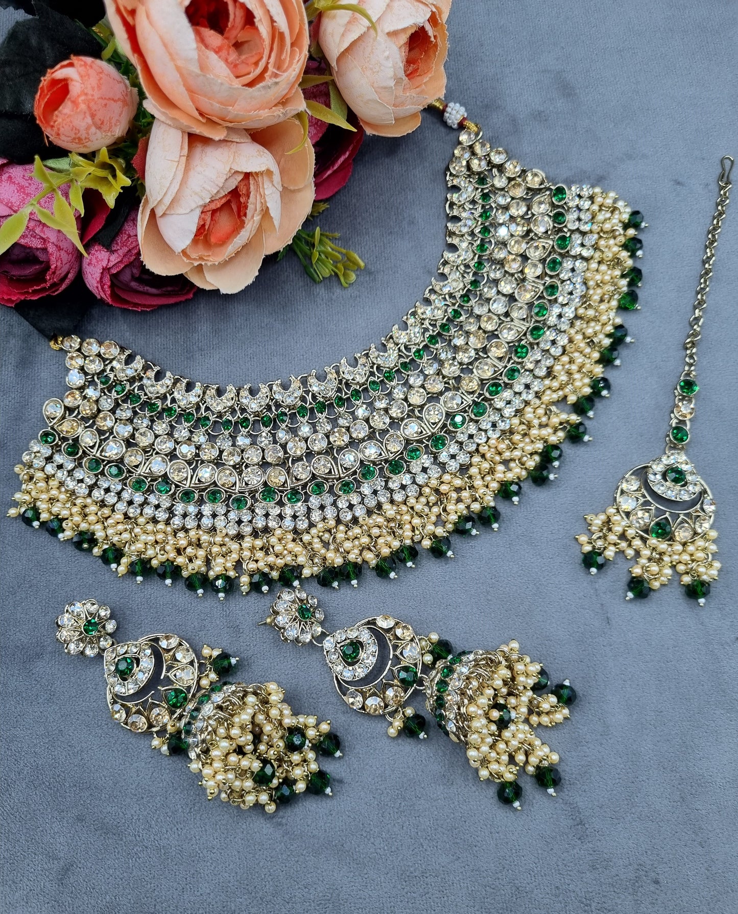 Bridal Rhinestone & Pearl Choker Necklace Set with Earrings & Maang Tikka