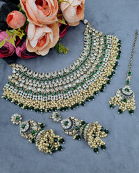 Bridal Rhinestone & Pearl Choker Necklace Set with Earrings & Maang Tikka