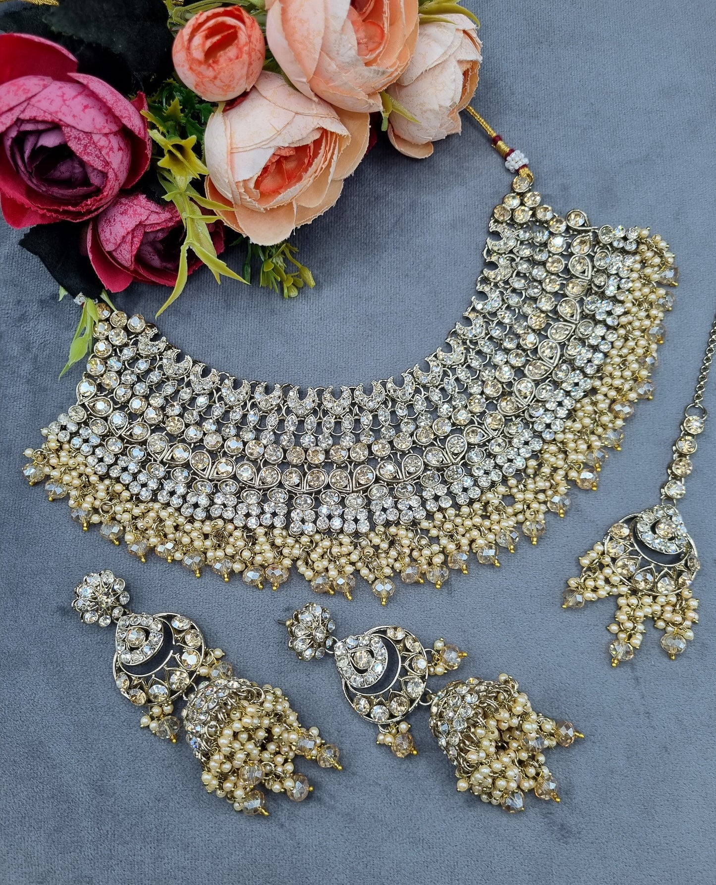 Bridal Rhinestone & Pearl Choker Necklace Set with Earrings & Maang Tikka