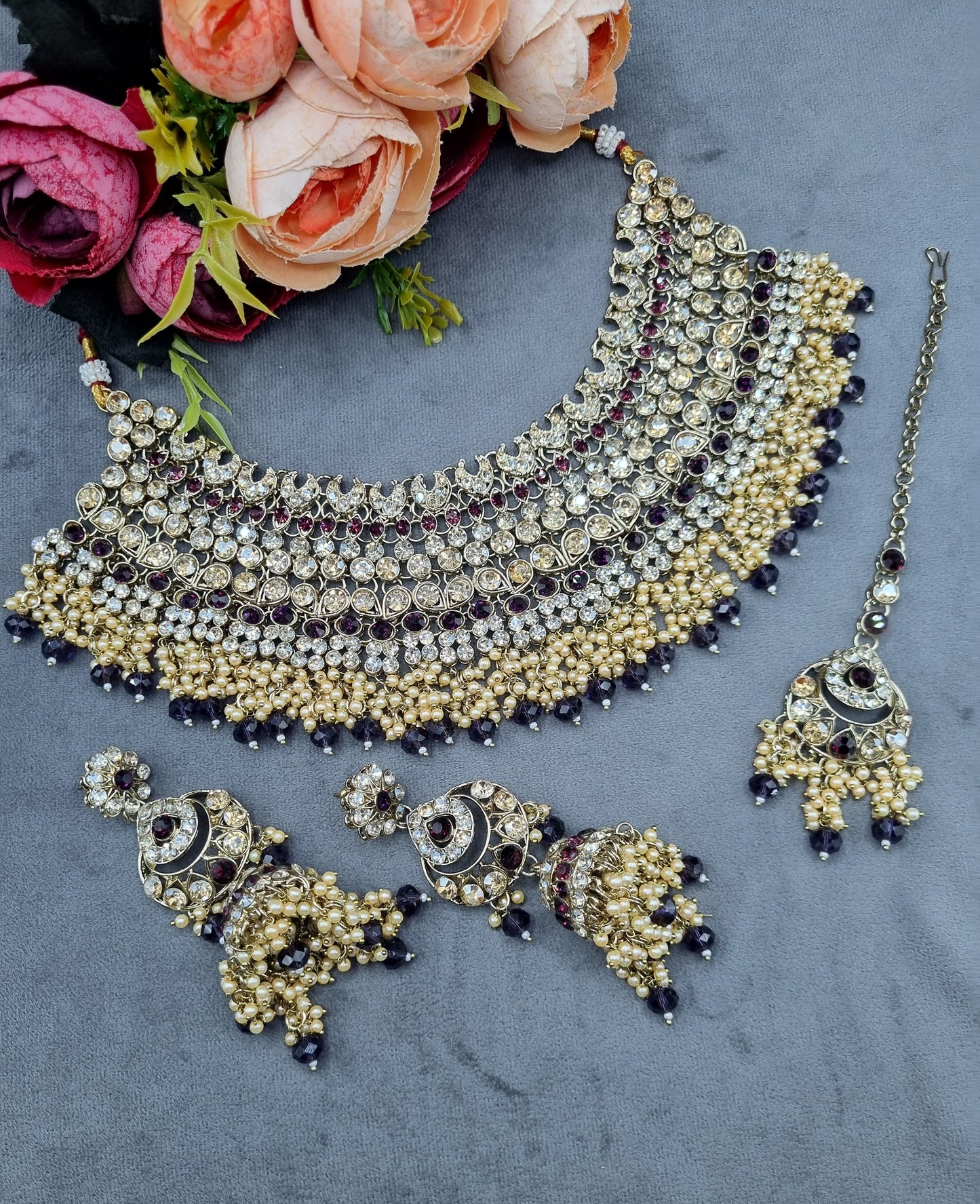 Bridal Rhinestone & Pearl Choker Necklace Set with Earrings & Maang Tikka