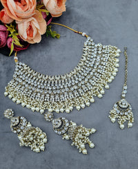 Bridal Rhinestone & Pearl Choker Necklace Set with Earrings & Maang Tikka