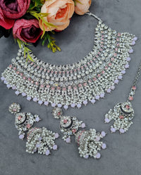 Bridal Silver-Tone Rhinestone & Pearl Choker Set with Earrings & Maang Tikka
