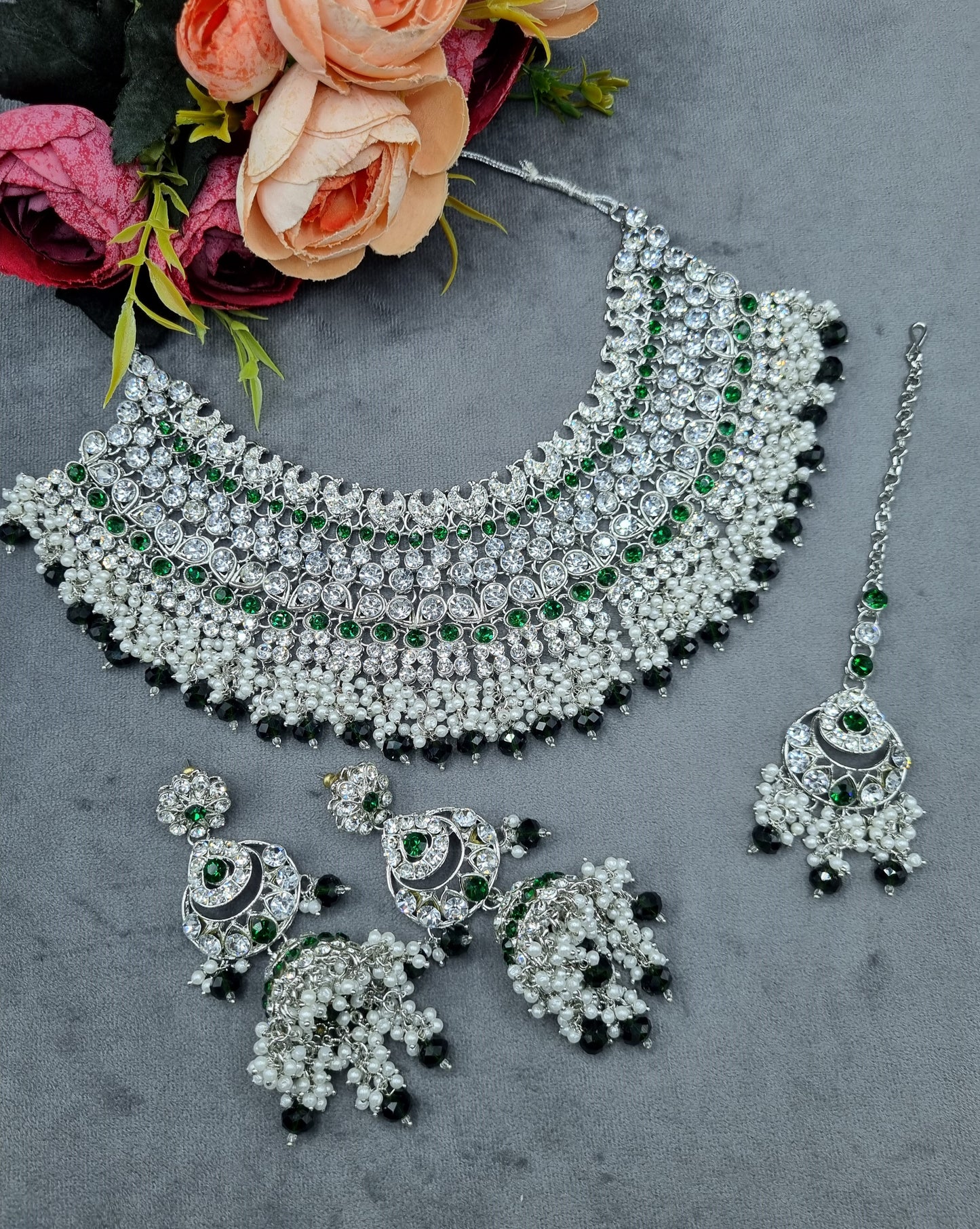 Bridal Silver-Tone Rhinestone & Pearl Choker Set with Earrings & Maang Tikka