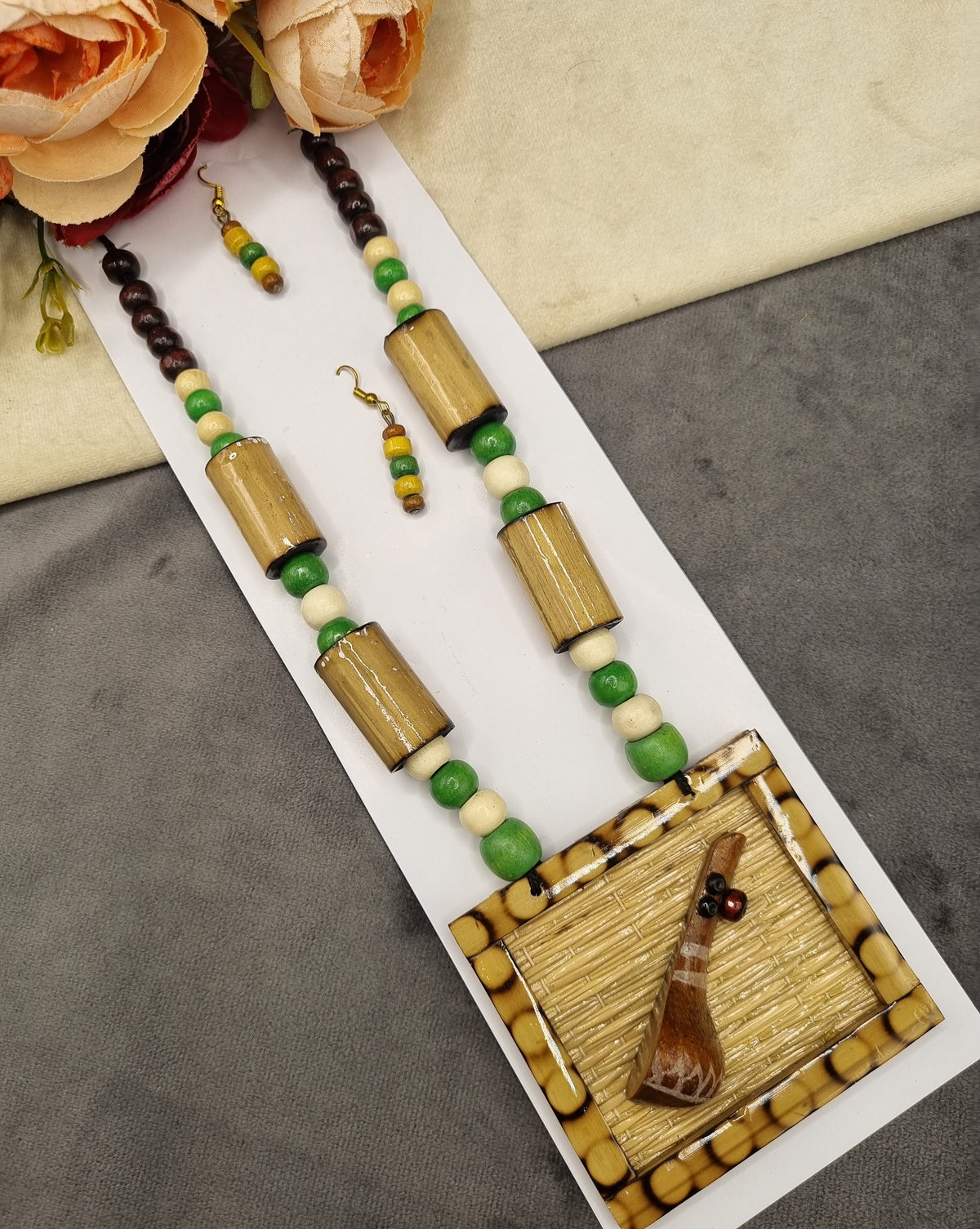 Handcrafted Wooden & Bamboo Ektara Pendant Necklace Set with Earrings