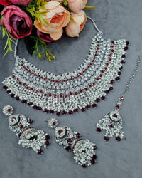 Bridal Silver-Tone Rhinestone & Pearl Choker Set with Earrings & Maang Tikka