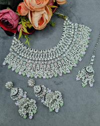 Bridal Silver-Tone Rhinestone & Pearl Choker Set with Earrings & Maang Tikka