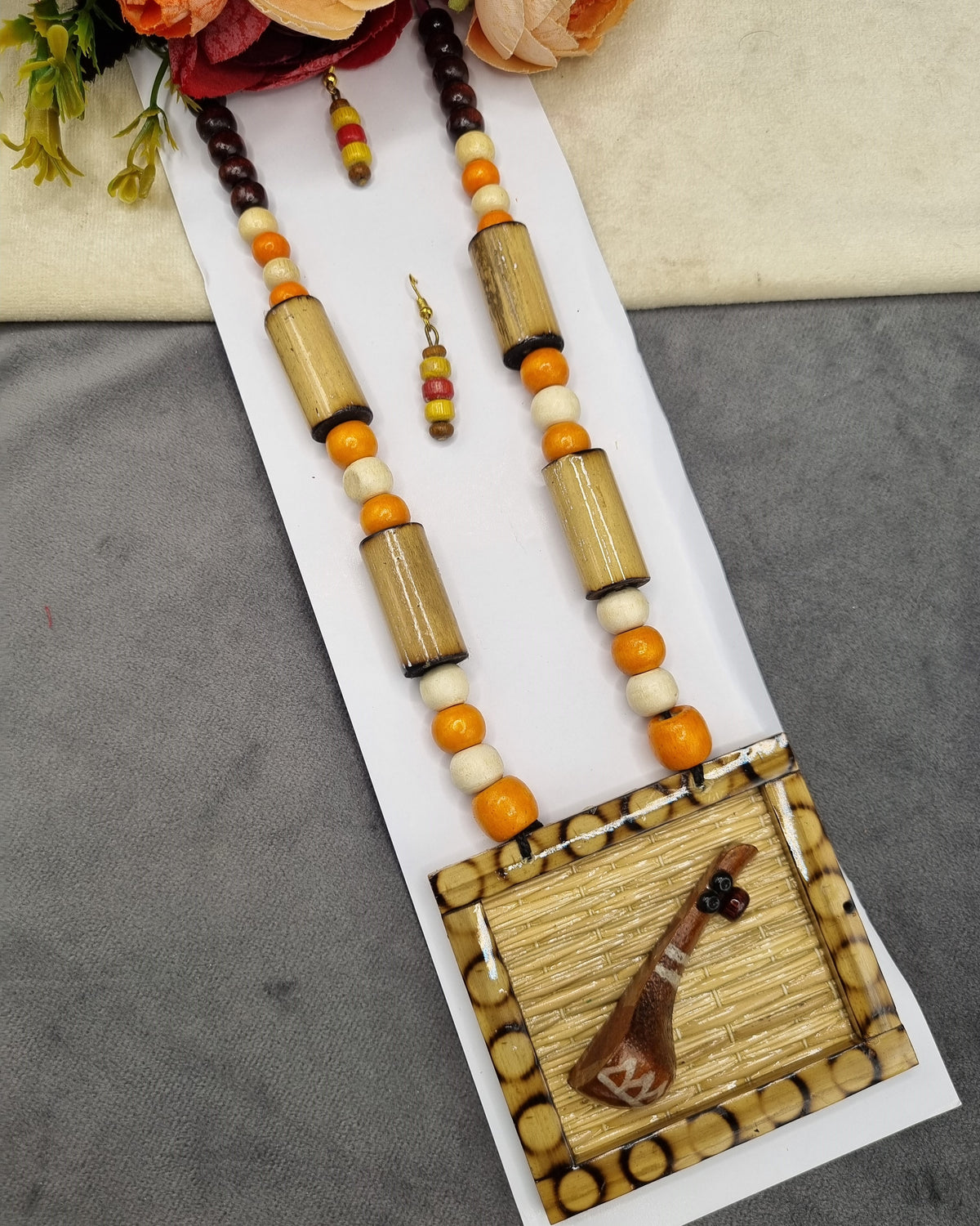 Handcrafted Wooden & Bamboo Ektara Pendant Necklace Set with Earrings