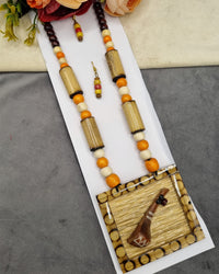 Handcrafted Wooden & Bamboo Ektara Pendant Necklace Set with Earrings