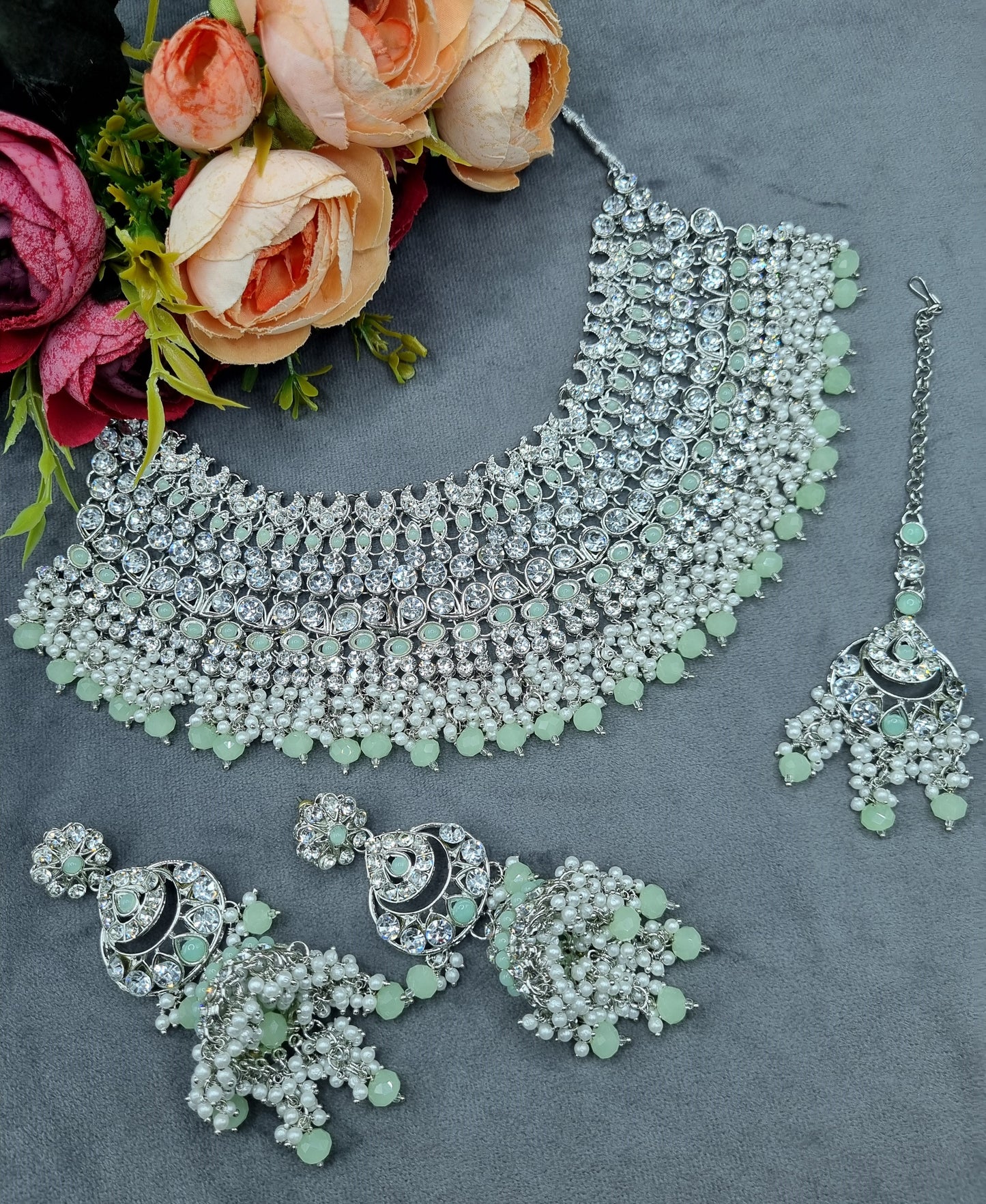 Bridal Silver-Tone Rhinestone & Pearl Choker Set with Earrings & Maang Tikka