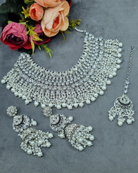 Bridal Silver-Tone Rhinestone & Pearl Choker Set with Earrings & Maang Tikka