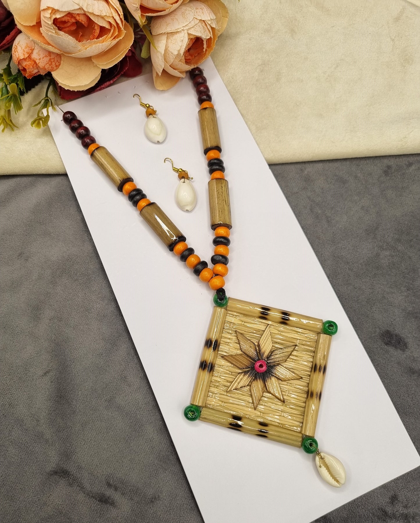 Handcrafted Bamboo & Floral Wooden Pendant Set