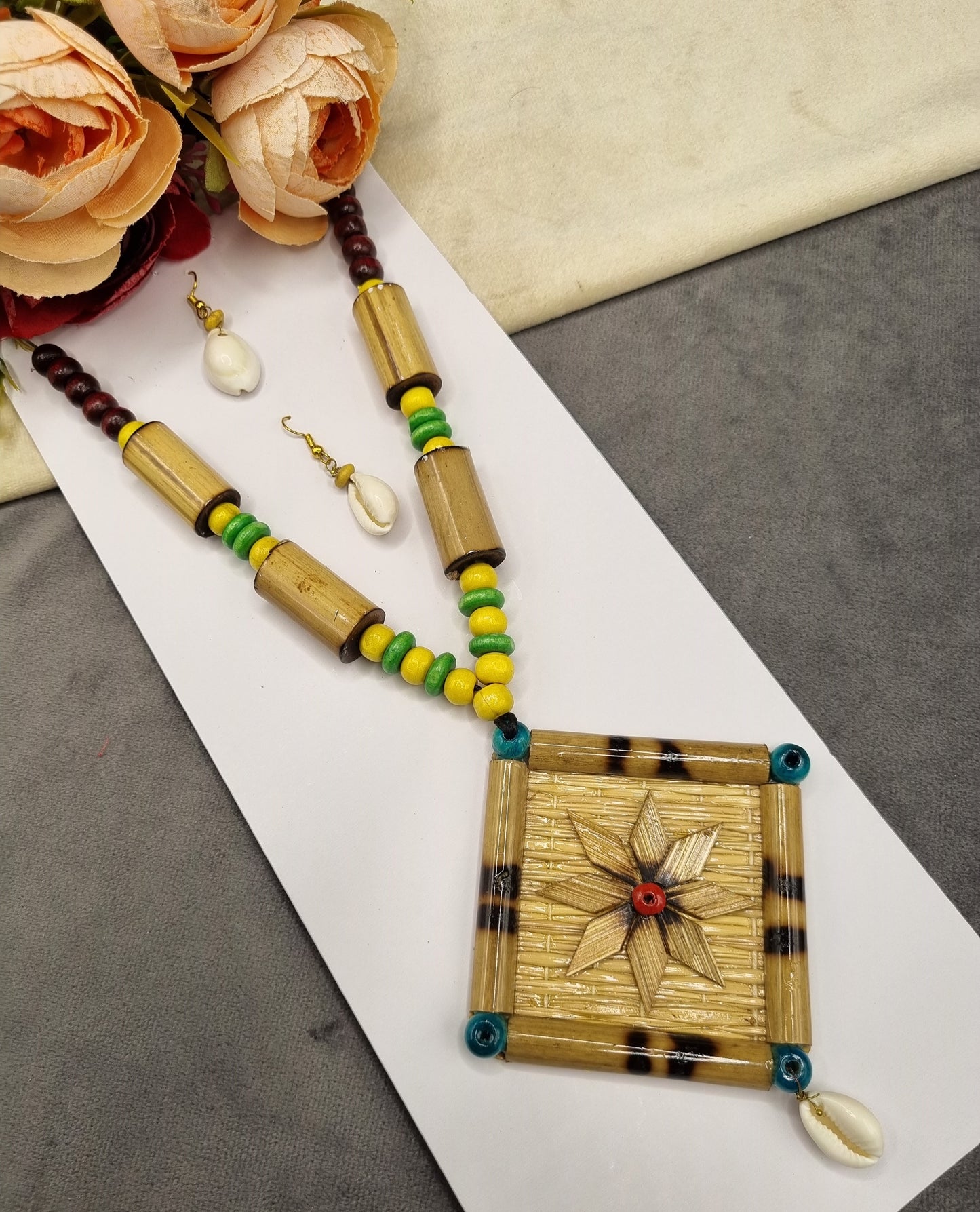 Handcrafted Bamboo & Floral Wooden Pendant Set