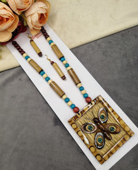Handcrafted Bamboo & Wooden Butterfly Pendant Necklace Set with Earrings