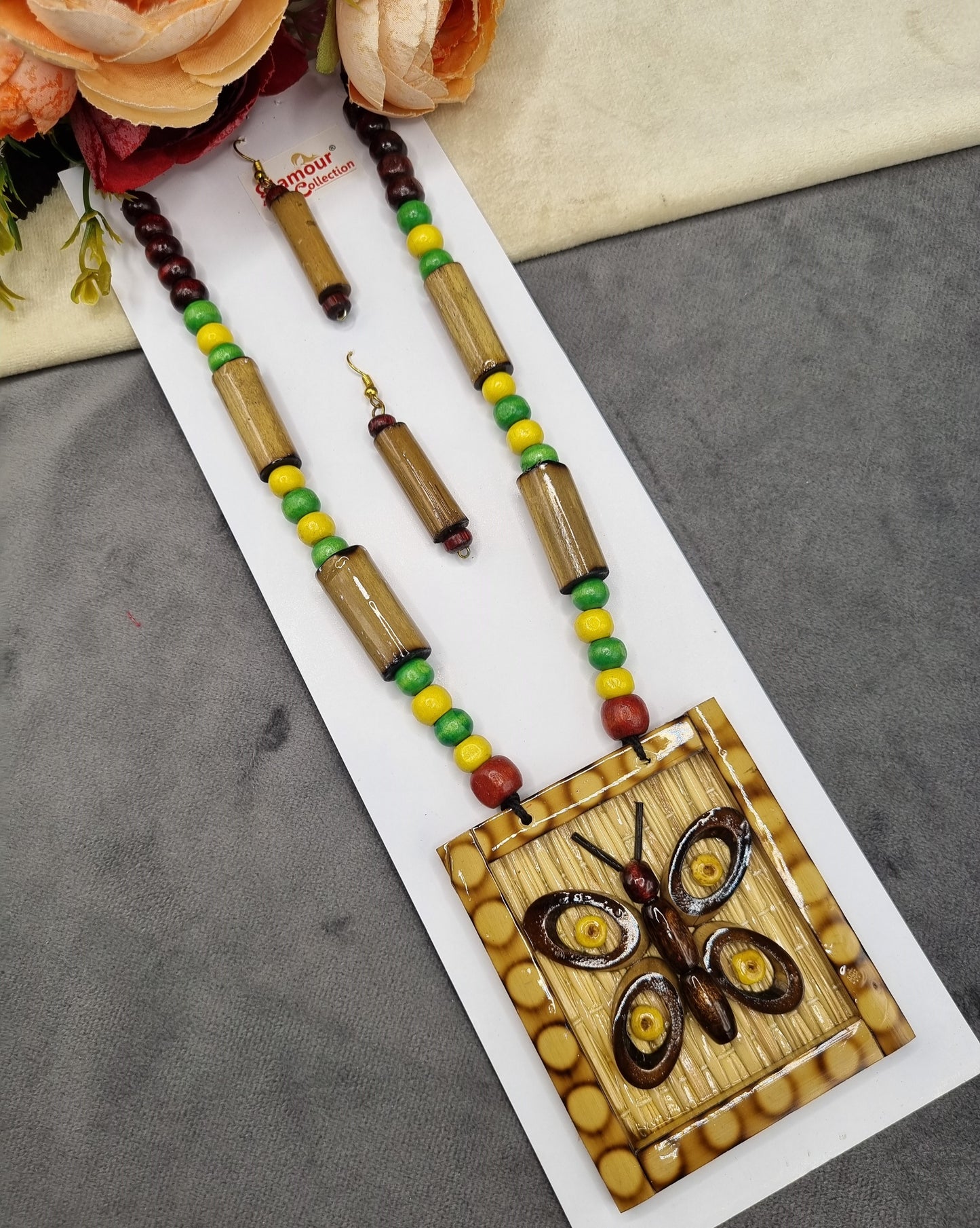 Handcrafted Bamboo & Wooden Butterfly Pendant Necklace Set with Earrings