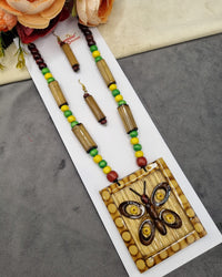 Handcrafted Bamboo & Wooden Butterfly Pendant Necklace Set with Earrings