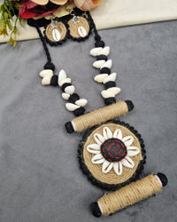 Handcrafted Jute & Cowrie Shell Floral Pendant Set