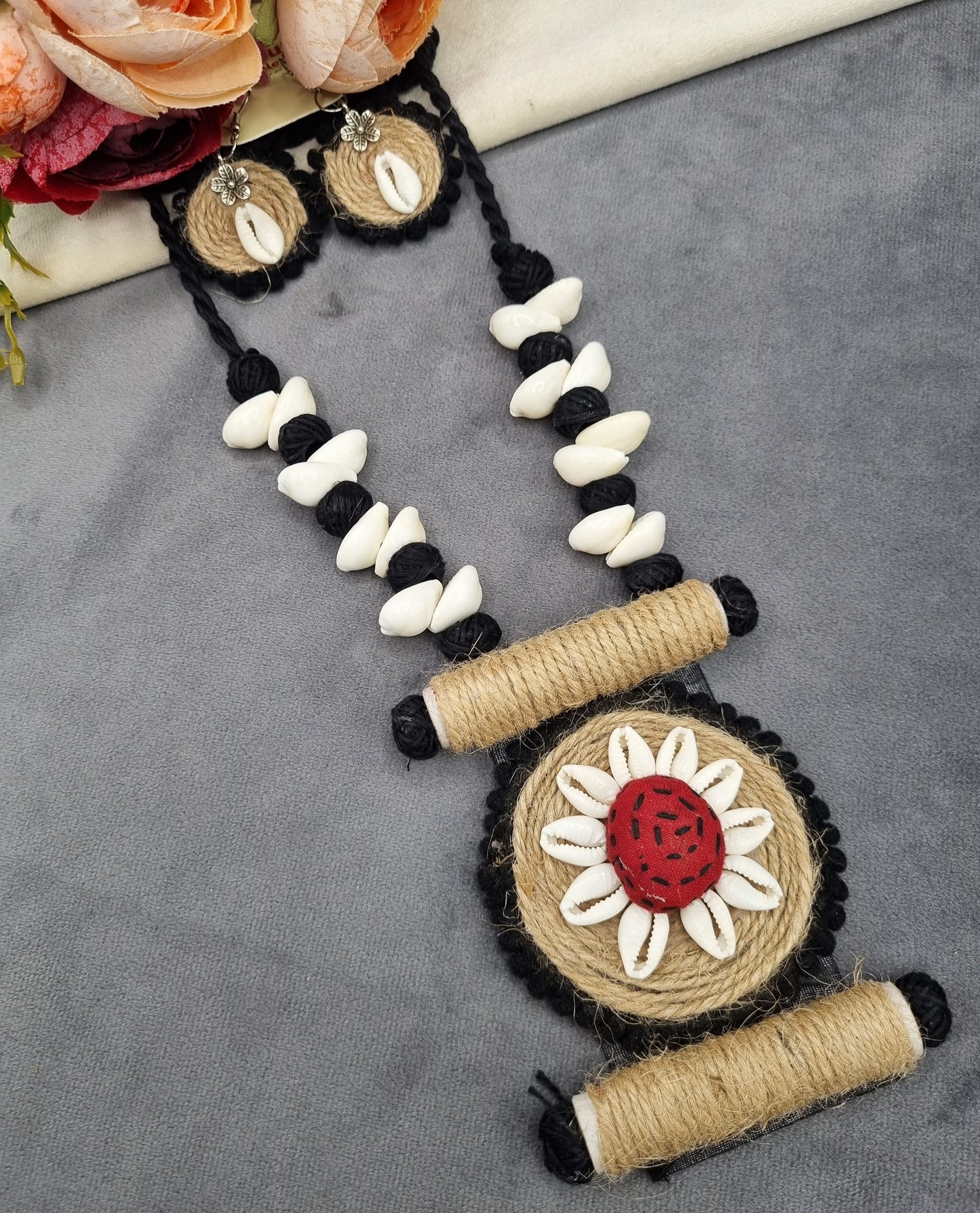 Handcrafted Jute & Cowrie Shell Floral Pendant Set