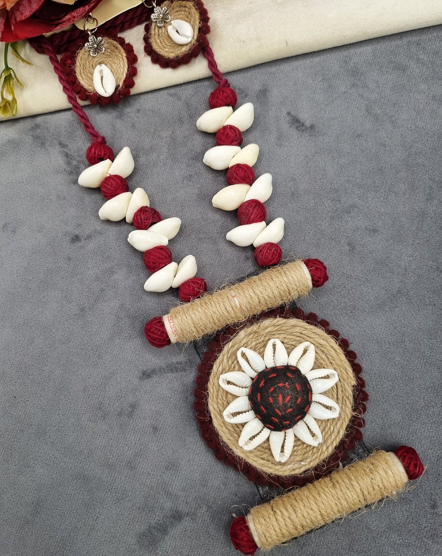 Handcrafted Jute & Cowrie Shell Floral Pendant Set