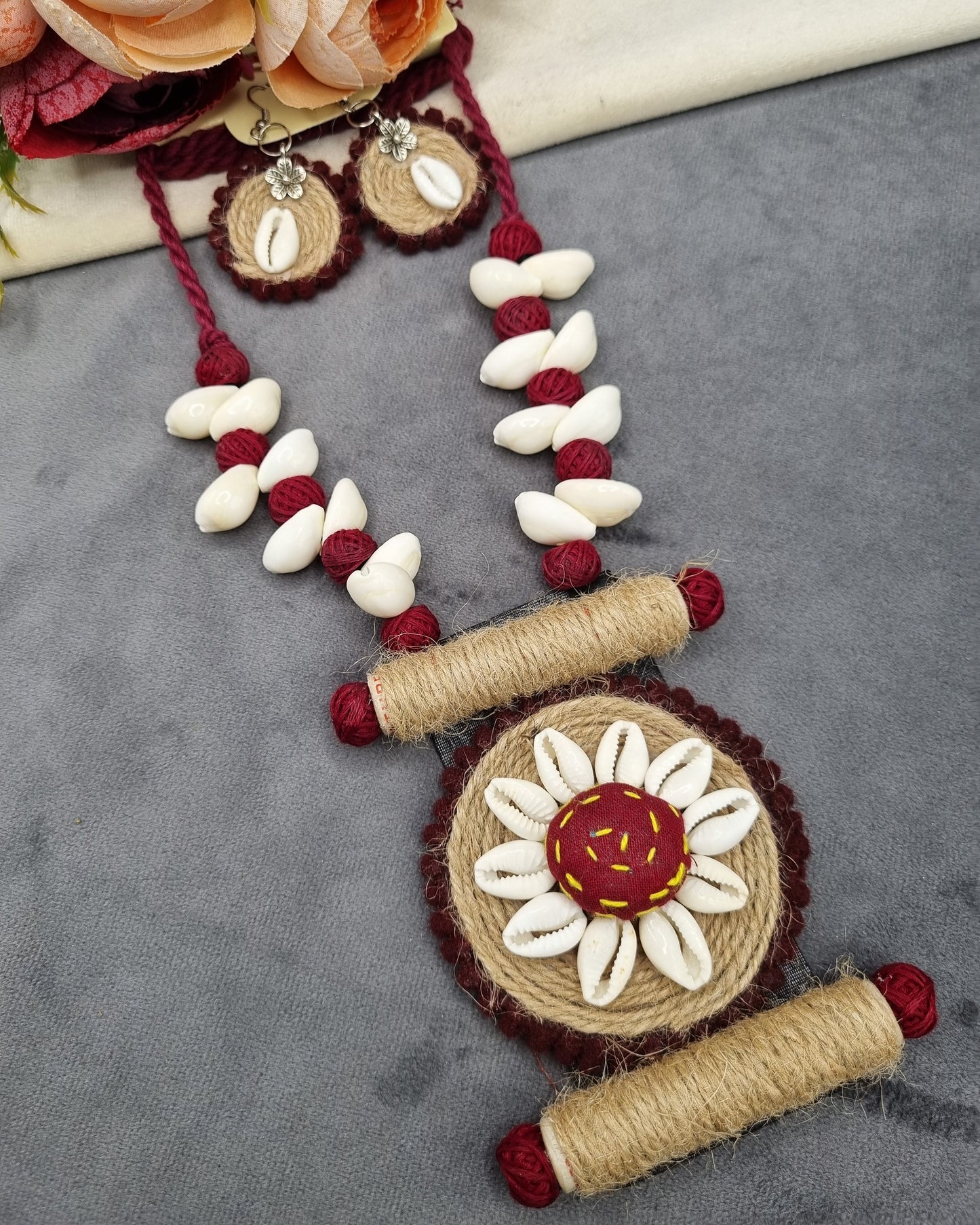 Handcrafted Jute & Cowrie Shell Floral Pendant Set