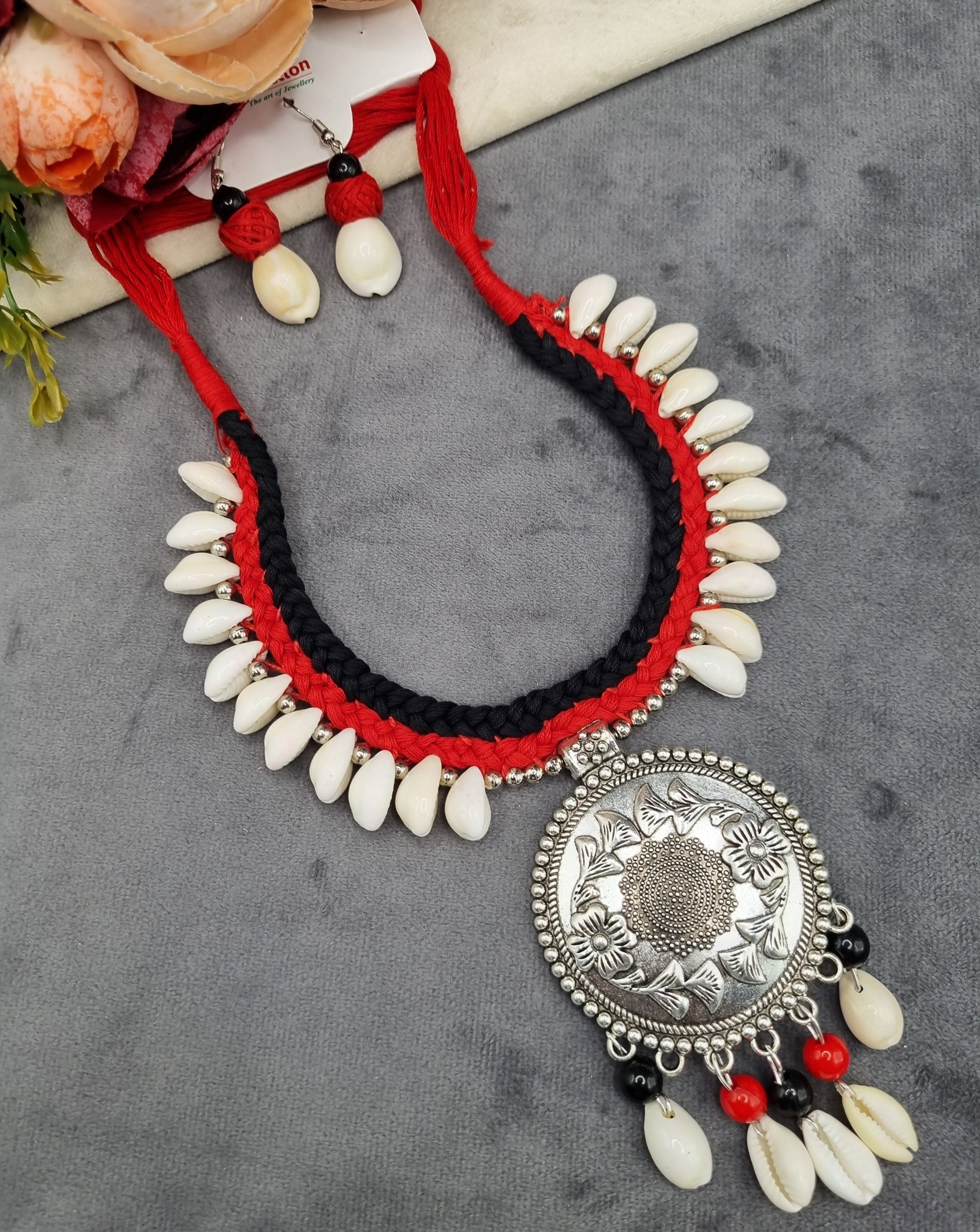 Handcrafted Oxidized Medallion & Cowrie Shell Necklace Set