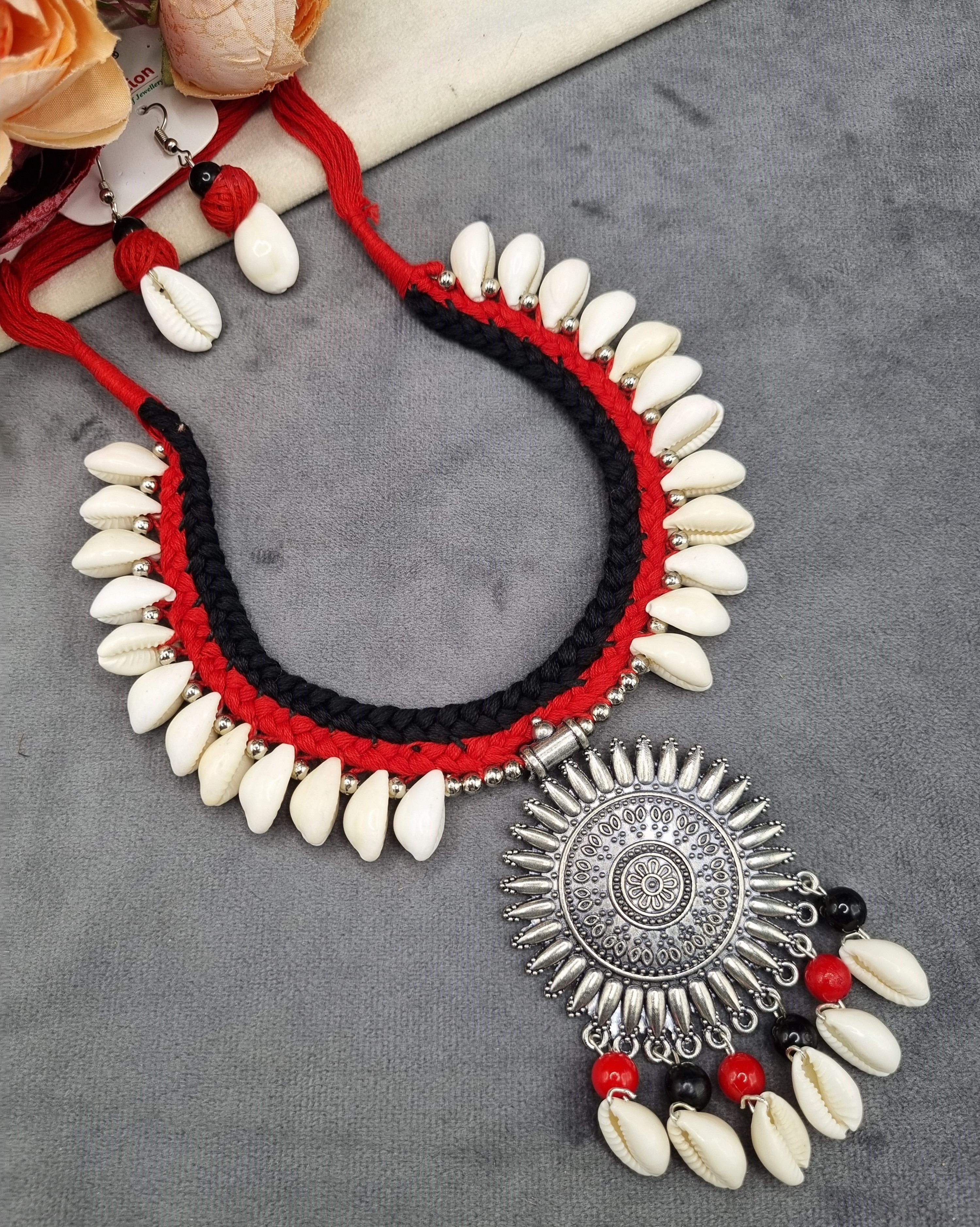 Handcrafted Sunburst Pendant & Cowrie Shell Set