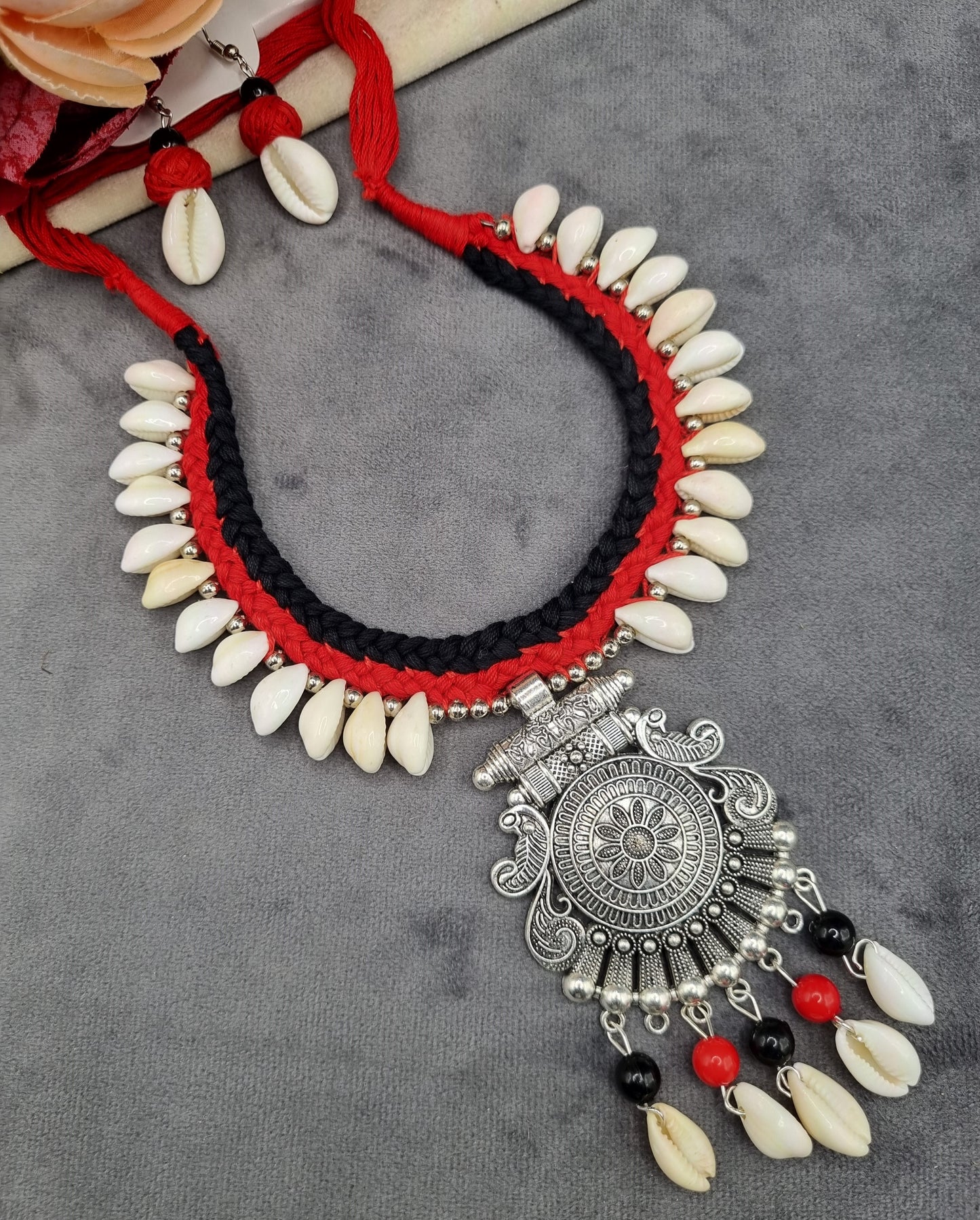 Handcrafted Oxidized Tribal Pendant & Cowrie Shell Necklace Set