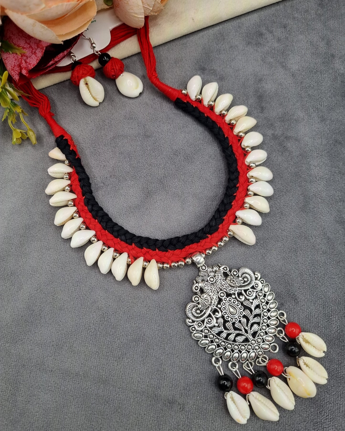 Handcrafted Peacock Medallion & Cowrie Shell Necklace Set