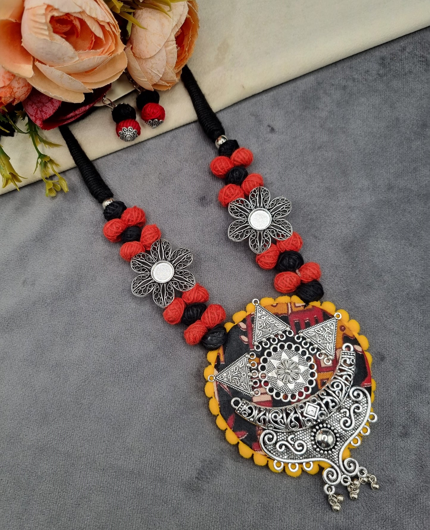 Handcrafted Fabric & Oxidized Tribal Pendant Necklace Set with Earrings