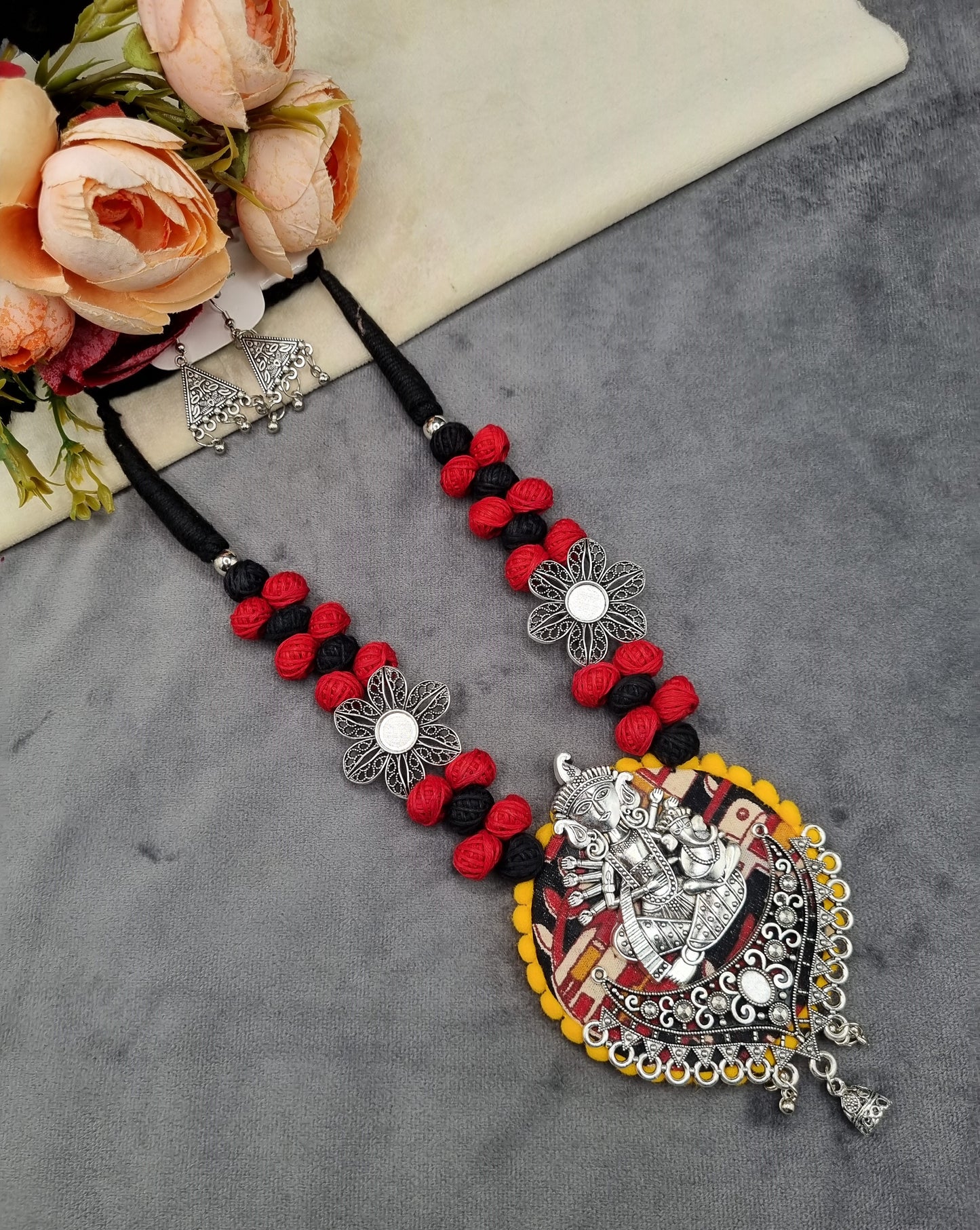 Handcrafted Fabric & Oxidized Tribal Pendant Necklace Set with Earrings