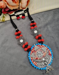 Handcrafted Fabric & Oxidized Tribal Pendant Necklace Set with Earrings