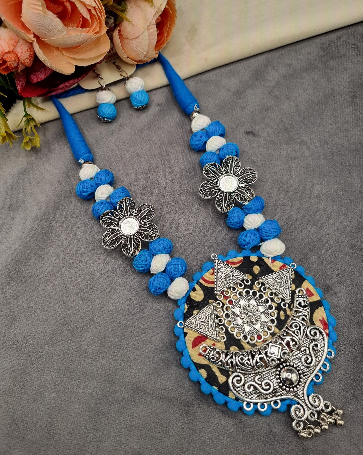 Handcrafted Fabric & Oxidized Tribal Pendant Necklace Set with Earrings
