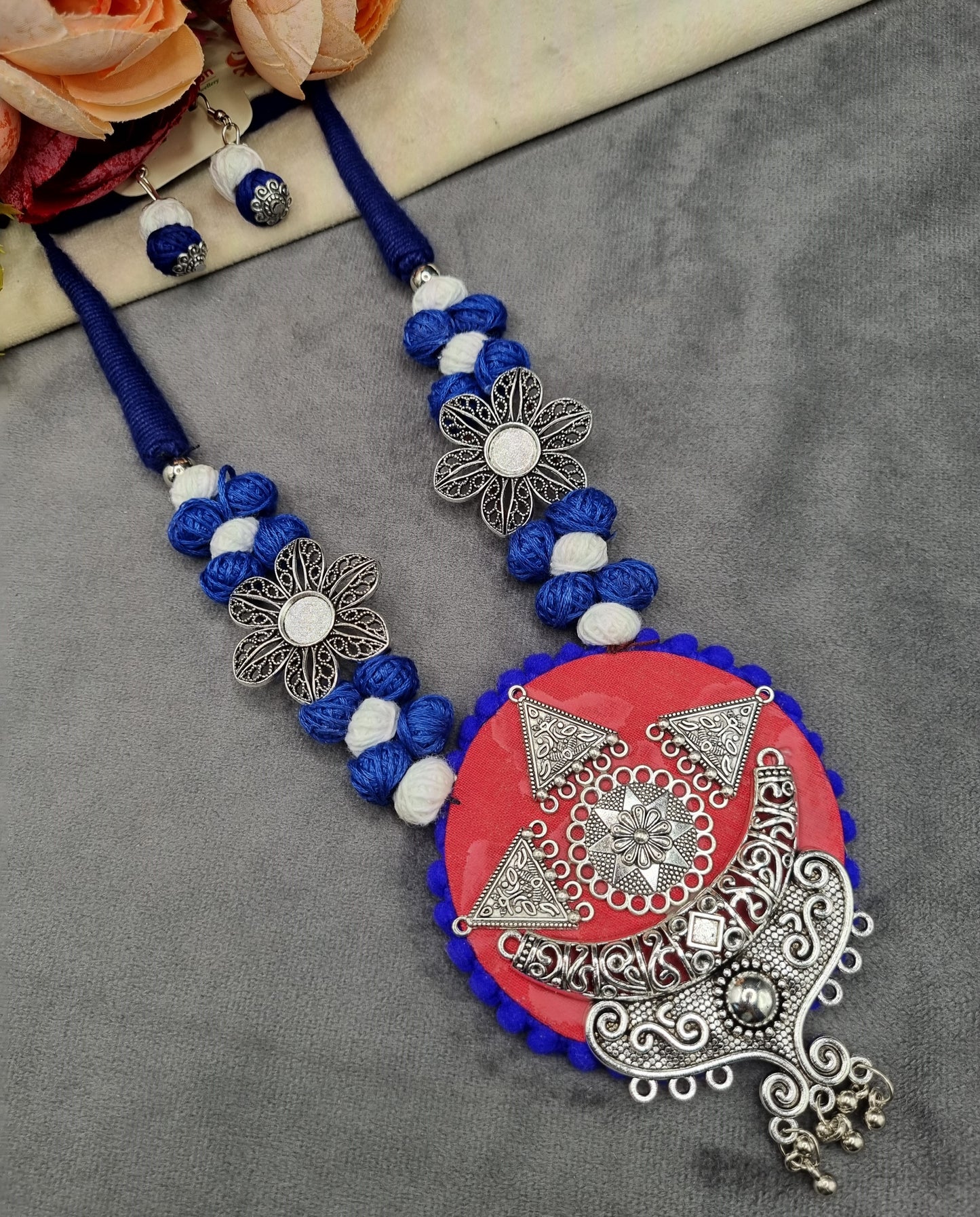 Handcrafted Fabric & Oxidized Tribal Pendant Necklace Set with Earrings
