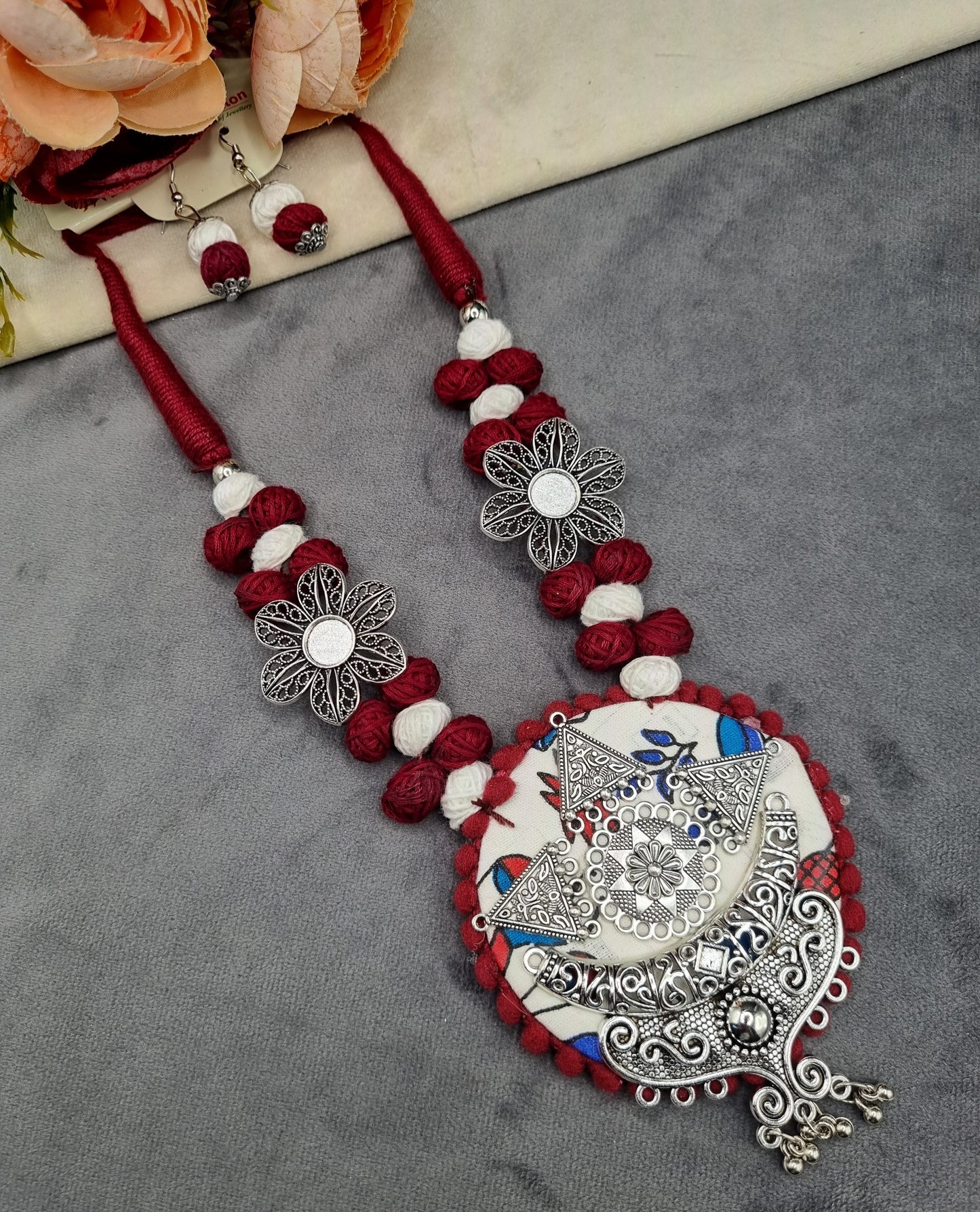 Handcrafted Fabric & Oxidized Tribal Pendant Necklace Set with Earrings