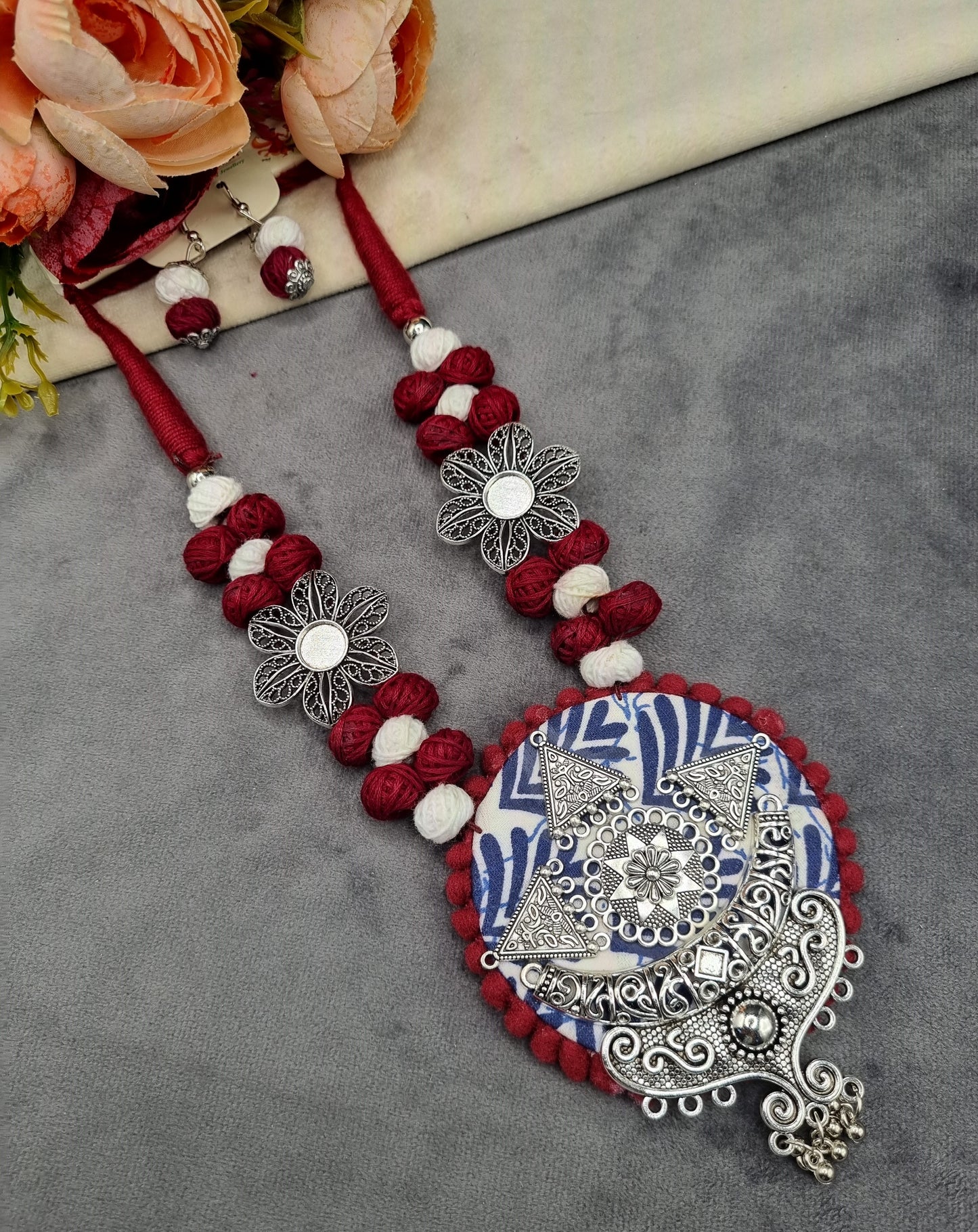 Handcrafted Fabric & Oxidized Tribal Pendant Necklace Set with Earrings