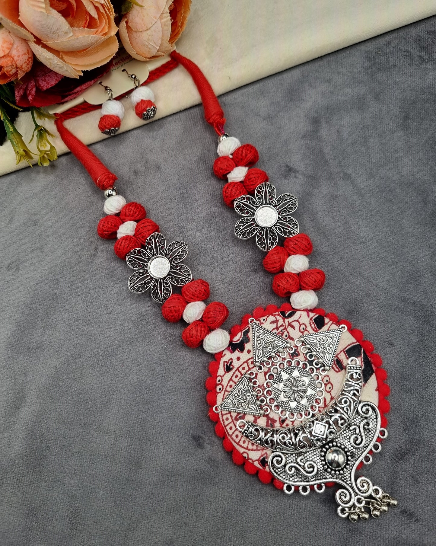Handcrafted Fabric & Oxidized Tribal Pendant Necklace Set with Earrings