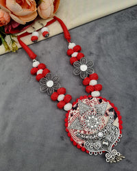 Handcrafted Fabric & Oxidized Tribal Pendant Necklace Set with Earrings