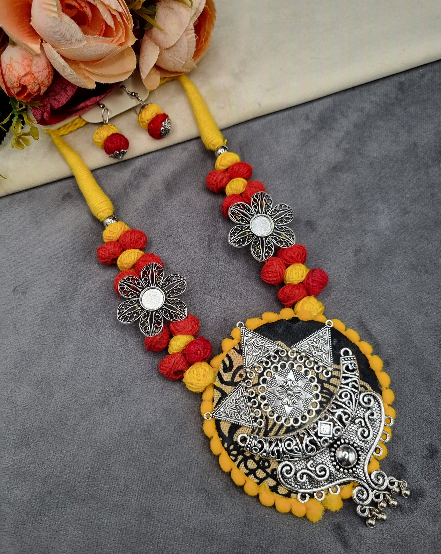 Handcrafted Fabric & Oxidized Tribal Pendant Necklace Set with Earrings