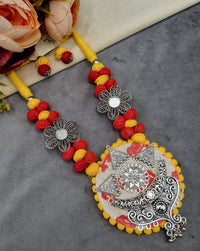 Handcrafted Fabric & Oxidized Tribal Pendant Necklace Set with Earrings