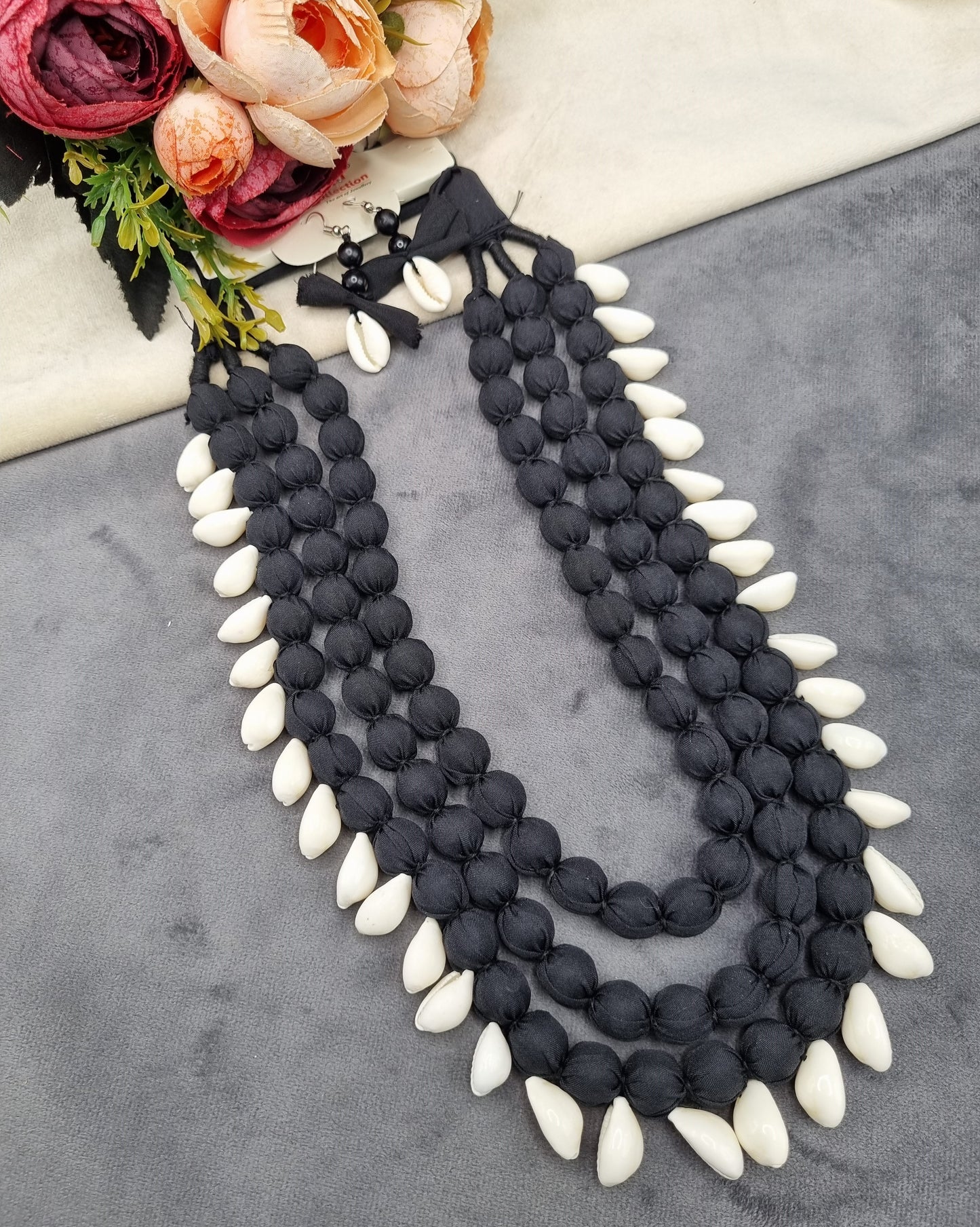 Handcrafted Multi-Layered Fabric Bead & Cowrie Shell Necklace Set