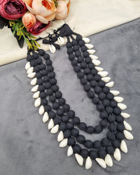 Handcrafted Multi-Layered Fabric Bead & Cowrie Shell Necklace Set