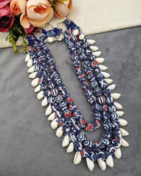 Handcrafted Multi-Layered Fabric Bead & Cowrie Shell Necklace Set